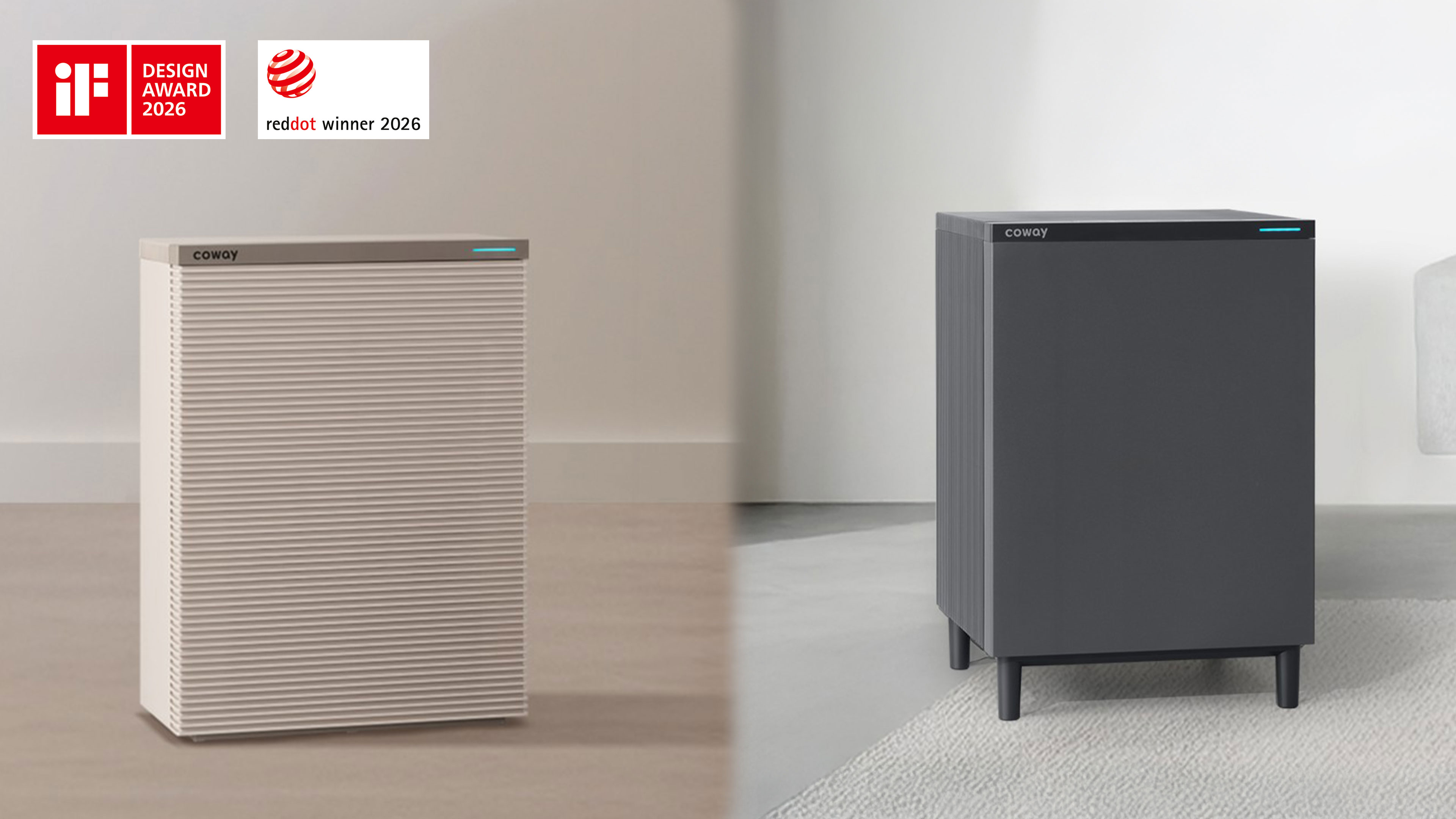 Two different models of the Square Fit Air Purifier series are shown against a split-tone background. On the left, a beige model with a horizontal ribbed texture stands on the floor. On the right, a sleek dark grey model with four minimalist legs is displayed on a rug. Both units feature a slim blue LED indicator light on the top right corner, signifying active operation in a clean, contemporary setting. 